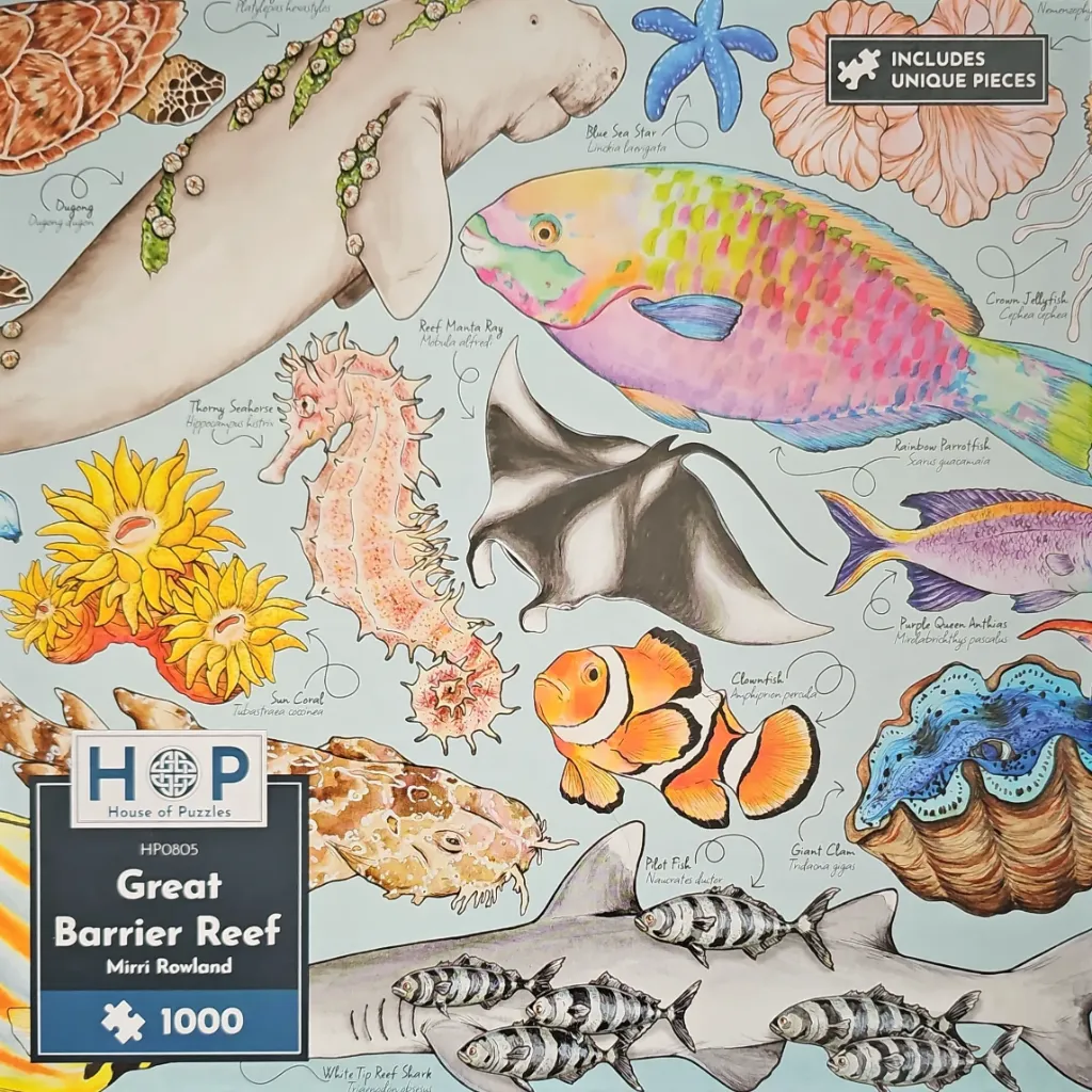 An illustrated educational collection of various Great Barrier Reef marine animals and coral on a light blue background.