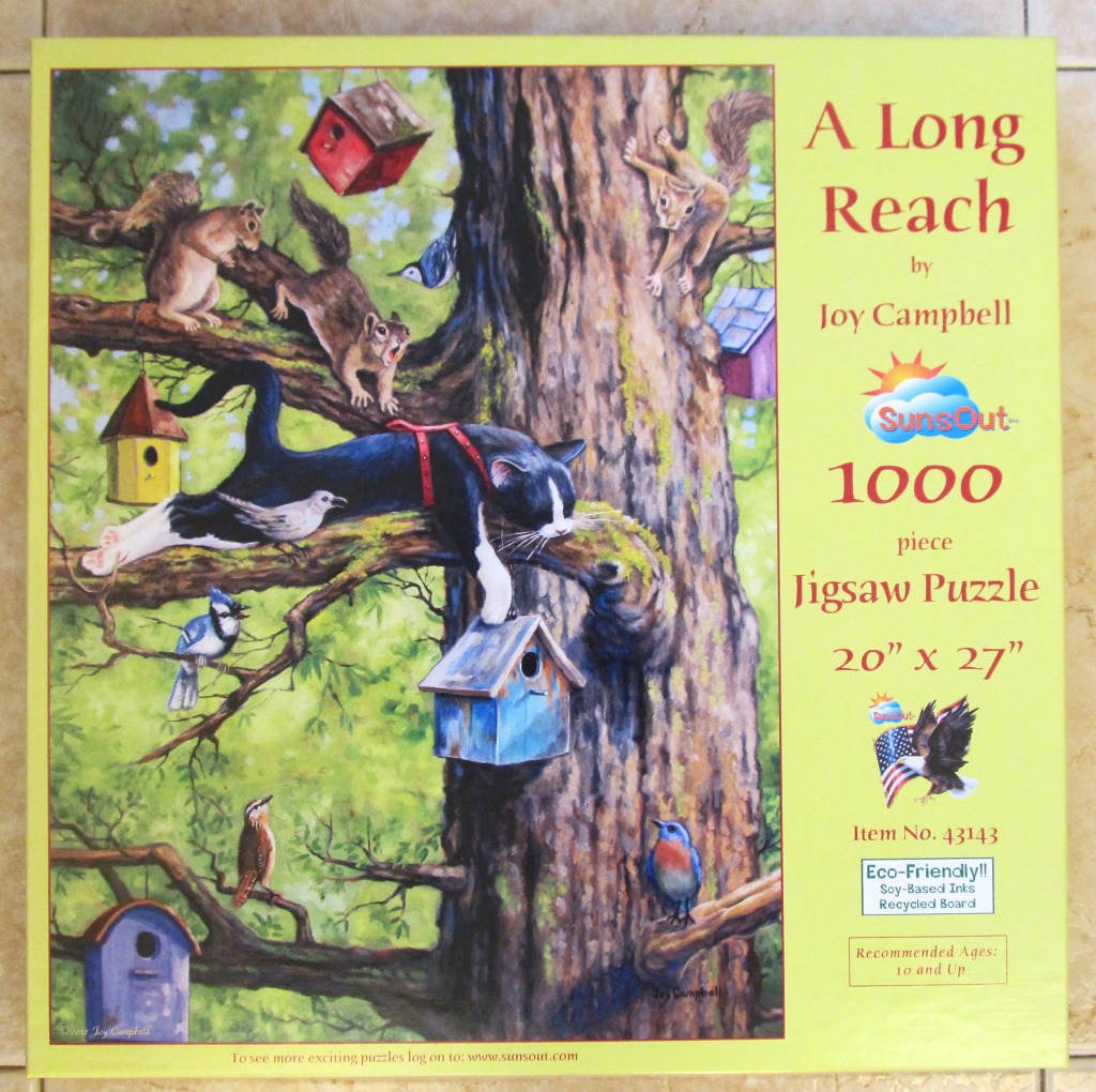 A black cat wearing a red harness stretches along a tree branch towards a blue birdhouse, surrounded by squirrels and birds.