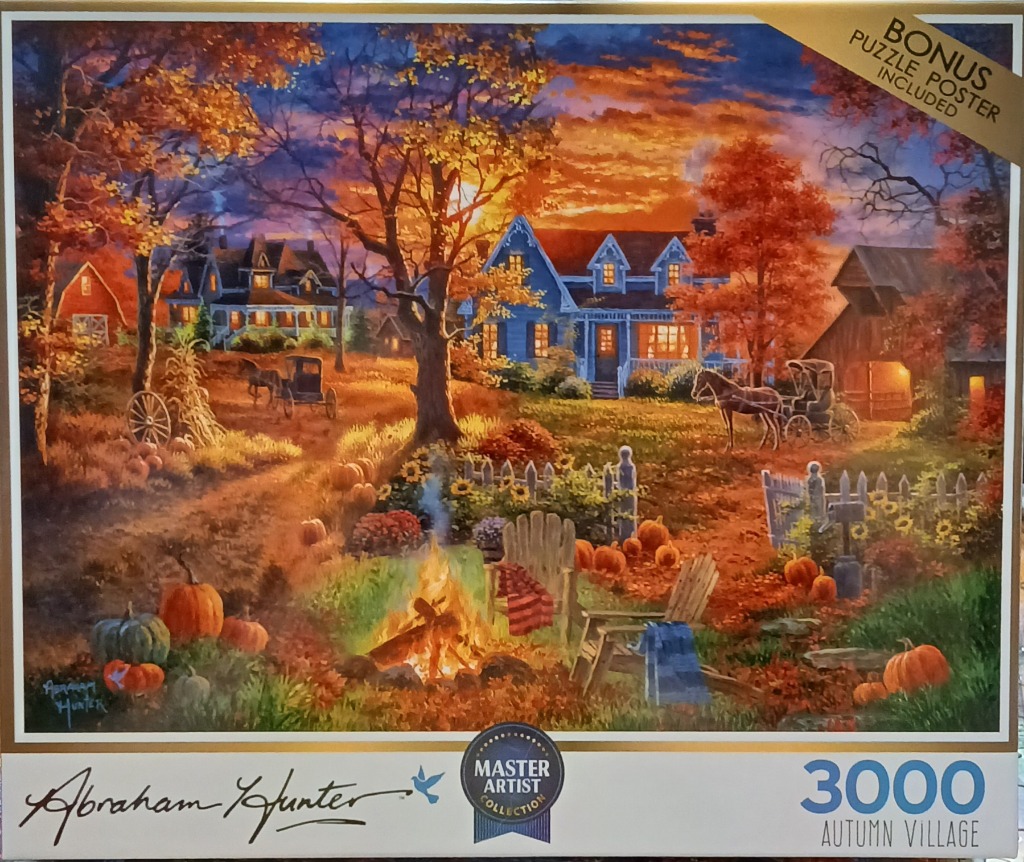 An idyllic autumn village scene at sunset with a cozy campfire in the foreground and horse-drawn carriages.