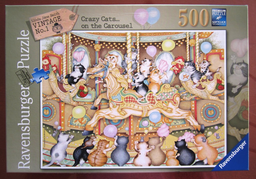 Illustration of several cats playing on and around a brightly decorated carnival carousel.