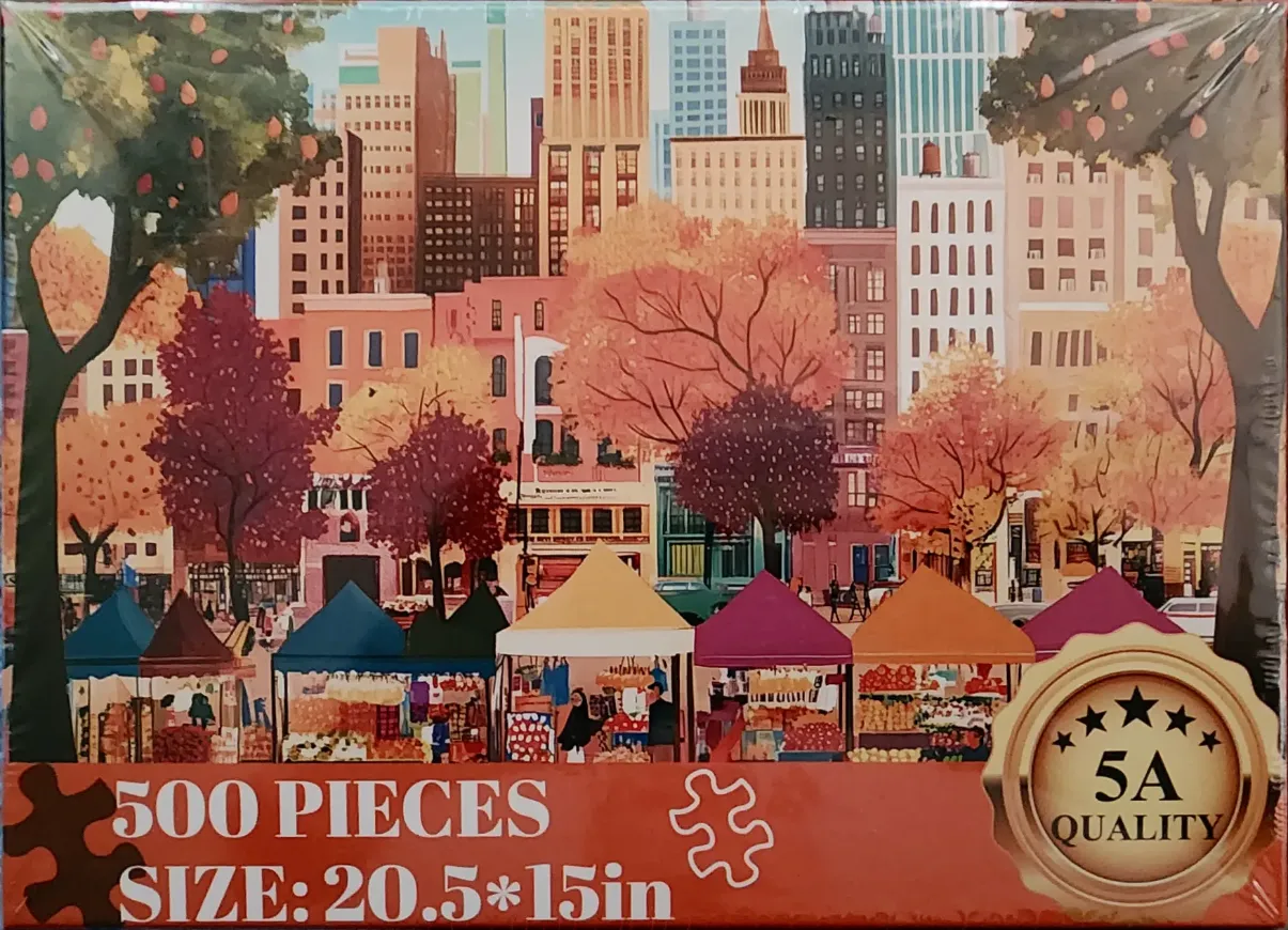 An illustration of an autumn city park market scene with colorful tents and tall buildings in the background.