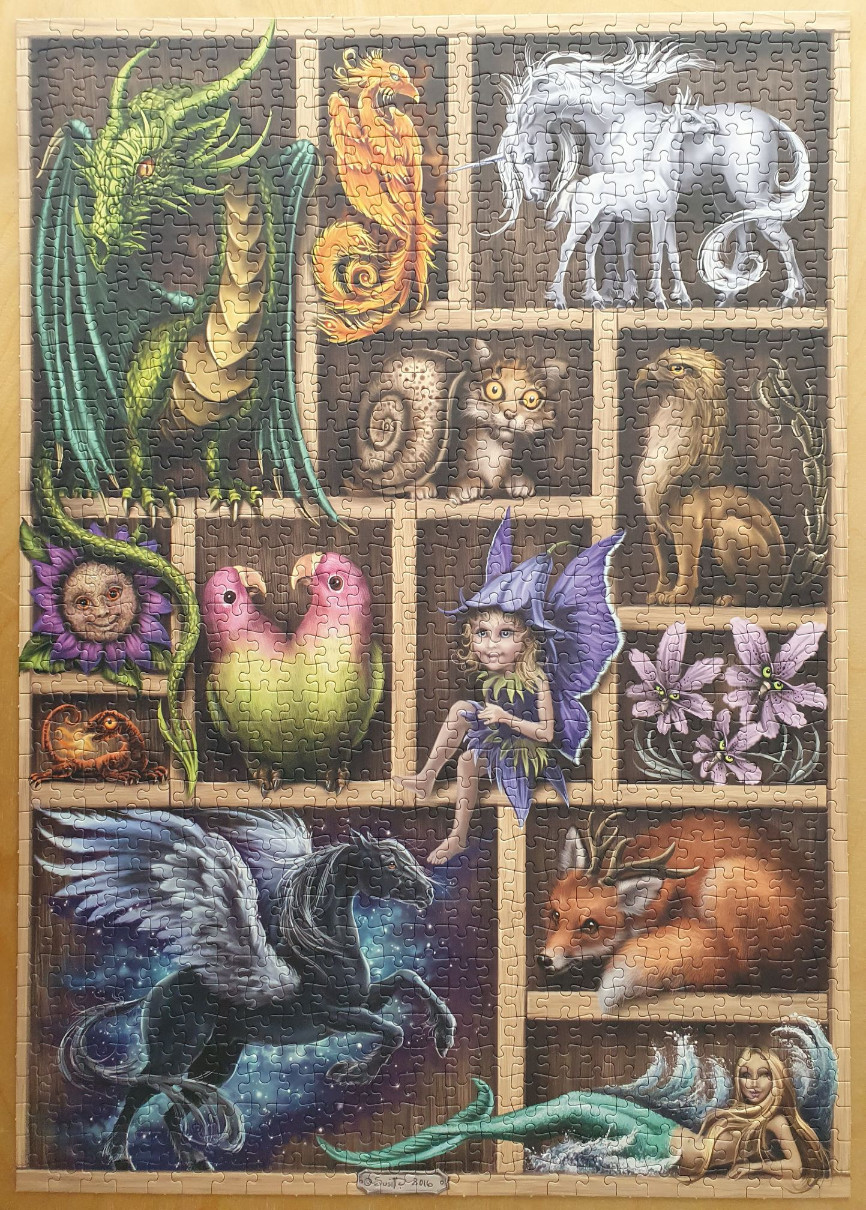 Fantasy illustration of various mythical creatures organized in a wooden grid cabinet.