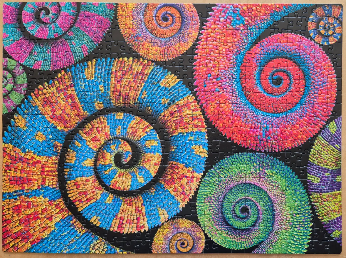 An abstract close-up showing several brightly colored, spiraling chameleon tails against a solid black background.