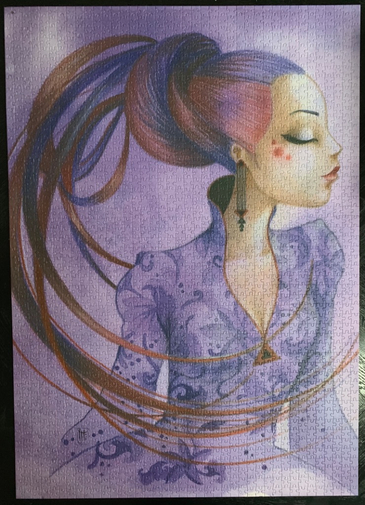 Portrait of a stylized woman with flowing purple hair and a high collar against a lavender background.