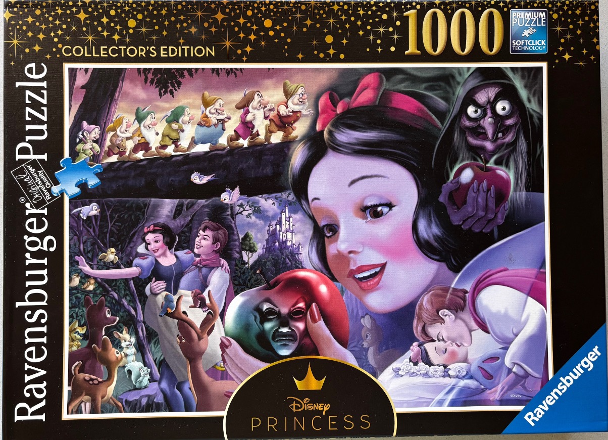 Collage of Snow White scenes including the seven dwarfs, the Prince, the Evil Queen, and the poisoned apple.