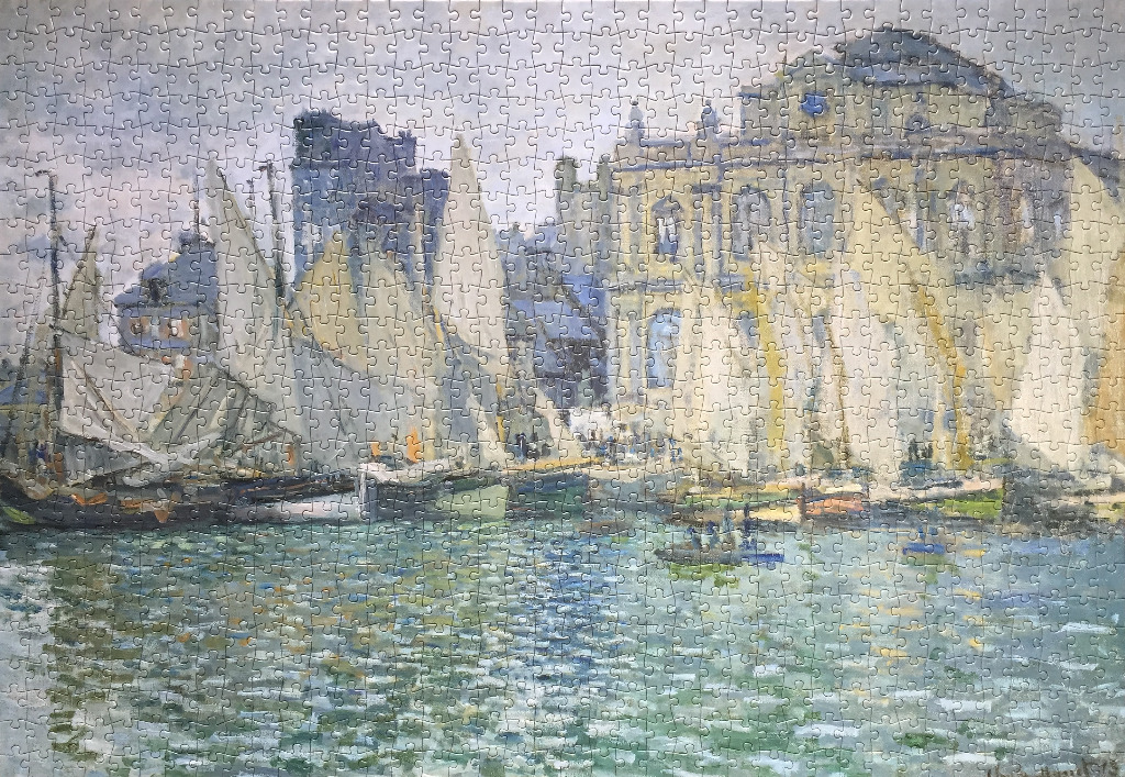 Impressionist painting of sailboats docked at a harbor in front of a grand stone building.