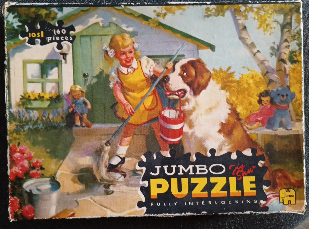 A vintage illustration of a blonde girl mopping the porch next to a large St. Bernard dog.