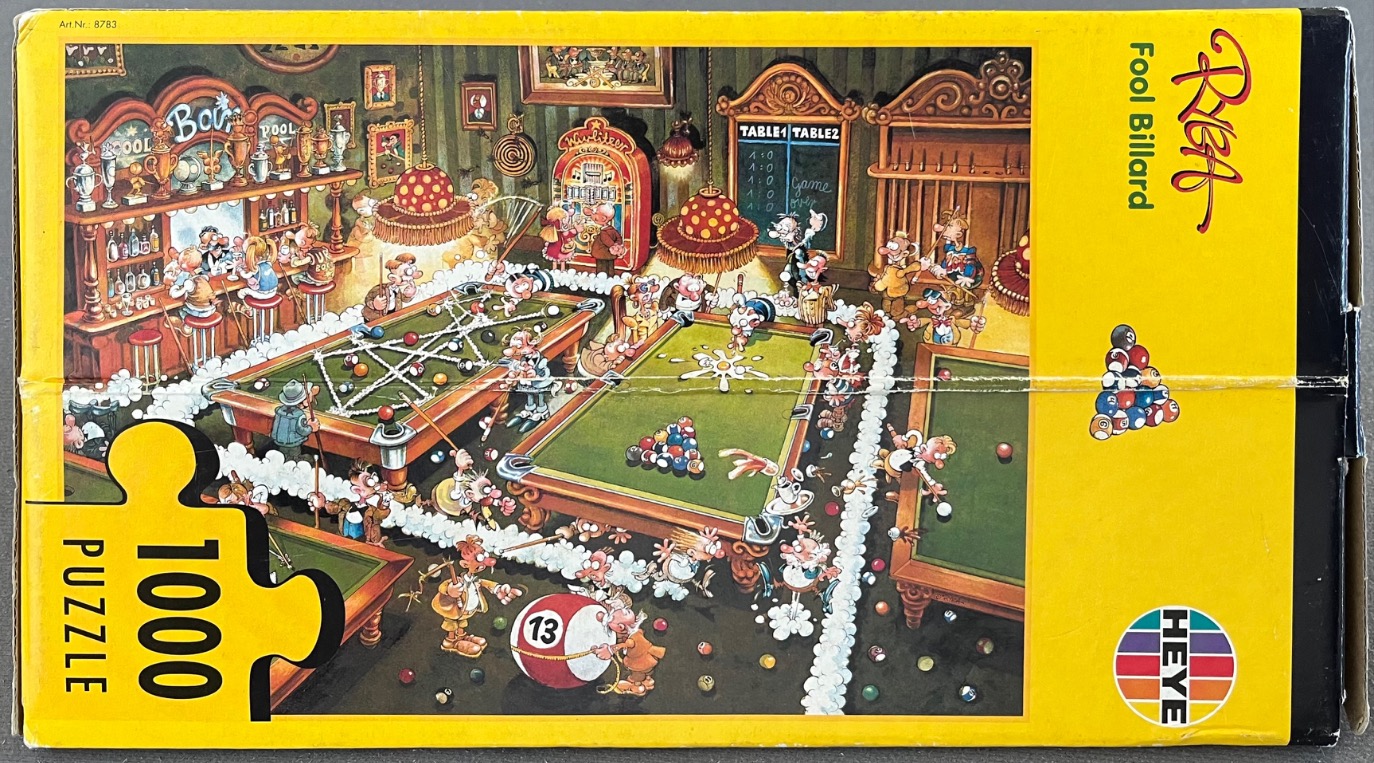 Cartoon illustration of a chaotic billiard hall with humorous characters playing pool.