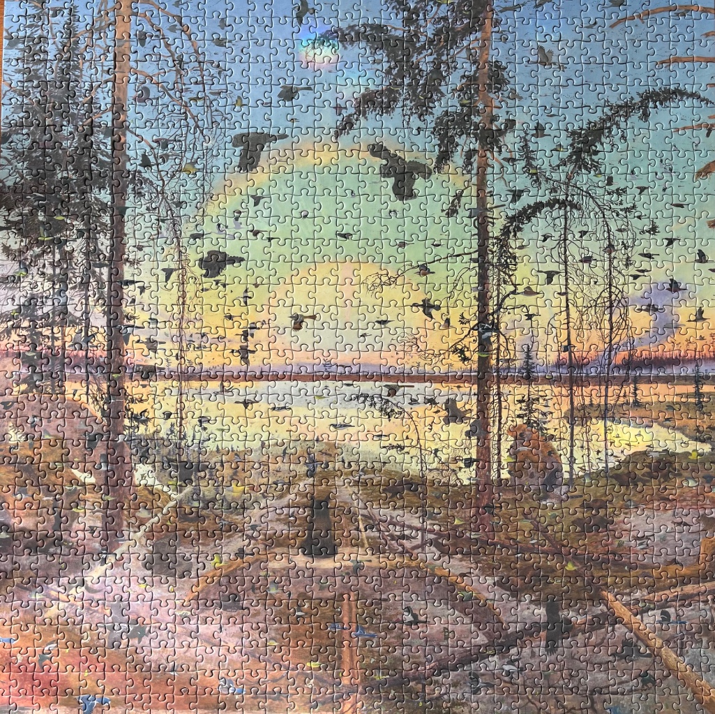 Painting of a sunlit marshland at dawn with a flock of birds flying through tall pine trees.