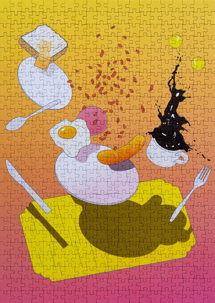 Surreal illustration of a chaotic breakfast scene floating against a yellow and pink gradient background.