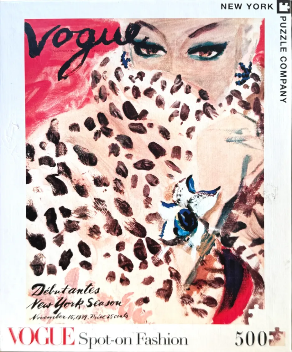 A vintage fashion illustration of a woman wearing a leopard print coat from a 1939 magazine cover.