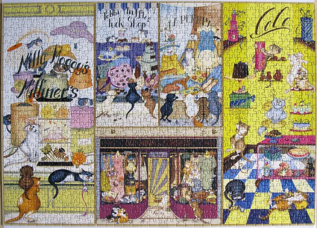 A whimsical illustration of various cat-themed shops featuring playful cats interacting with merchandise.