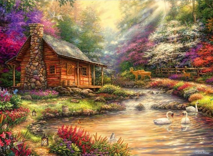 A log cabin sits by a sunlit stream with swans, deer, and vibrant spring flowers in a lush forest clearing.