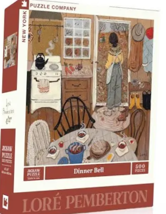 Illustration of a woman looking out a kitchen door at a wooded autumn landscape with a table set for a meal in the foreground