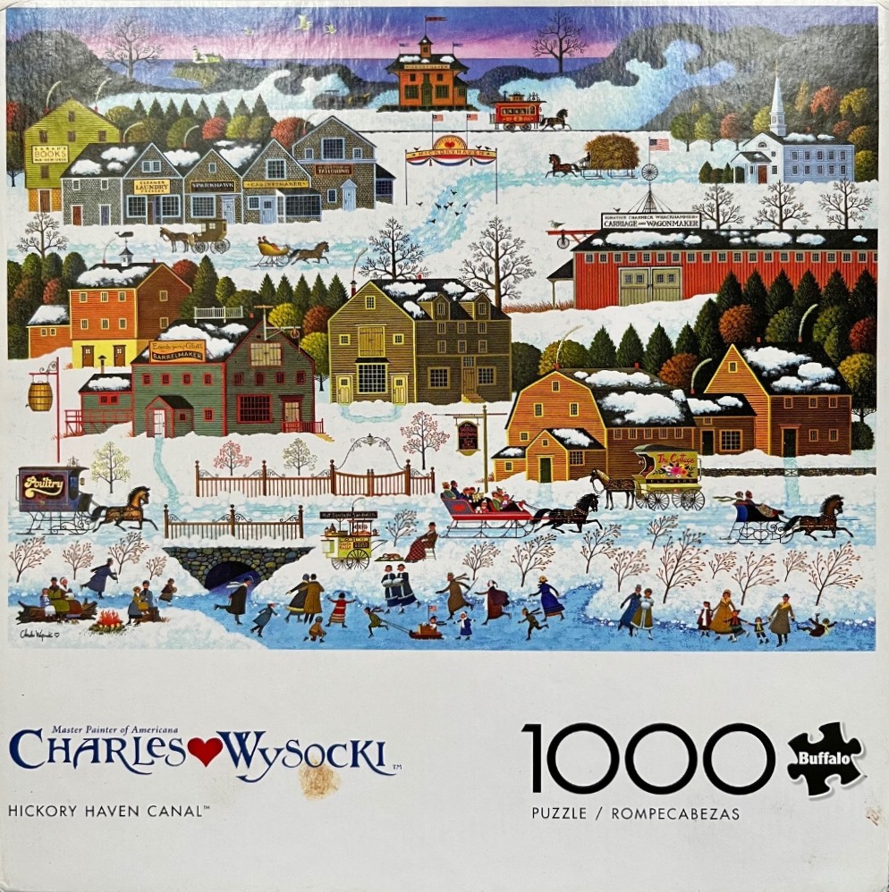 Folk art illustration of a snowy 19th-century village with horse-drawn carriages and ice skaters on a frozen canal.