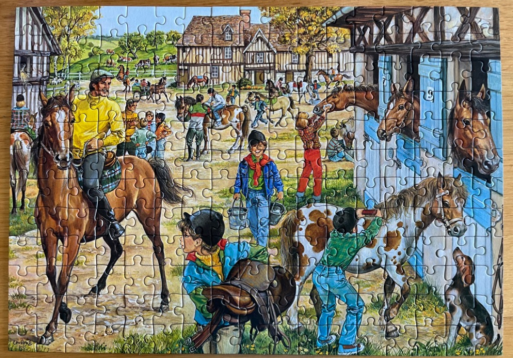 An illustration of a busy equestrian stable yard with horses, riders, and children.