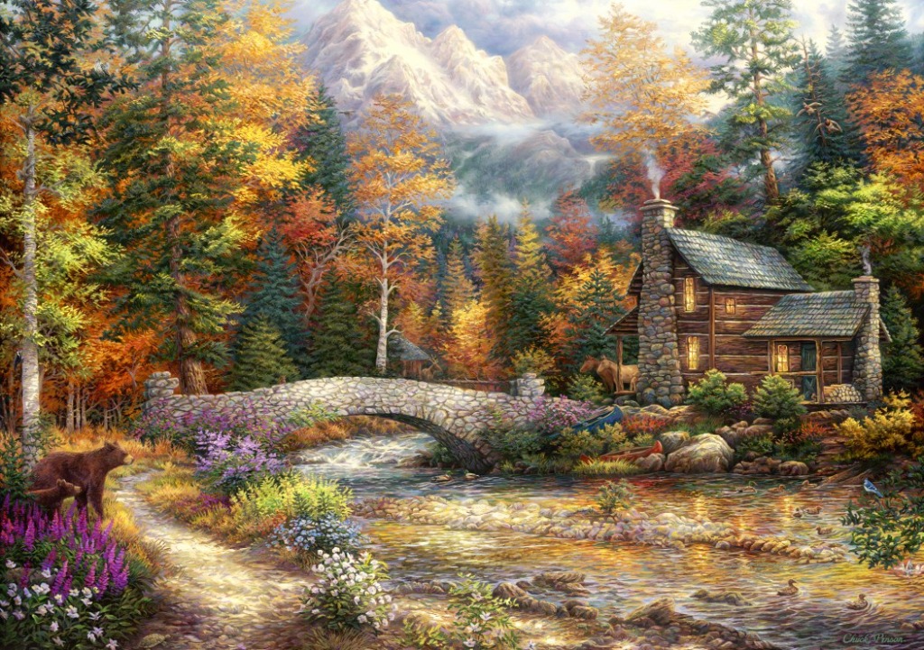 A cozy log cabin beside a stone bridge and stream in an autumn mountain forest with a bear and cub in the foreground.