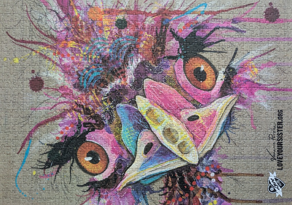 Abstract and colourful close-up illustration of an emu's face against a neutral textured background.