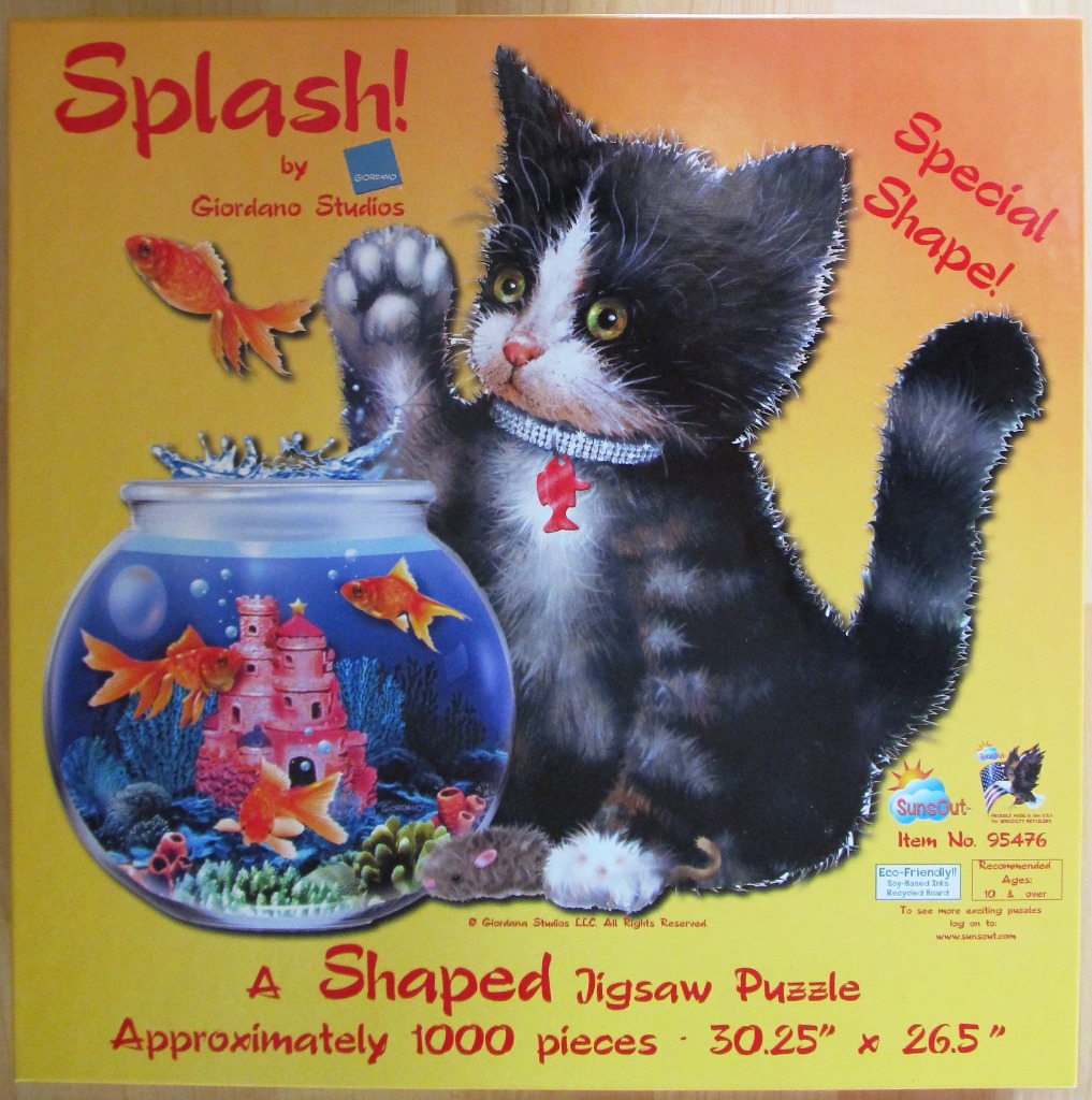 An illustration of a black and white kitten wearing a rhinestone collar reaching toward a goldfish bowl.