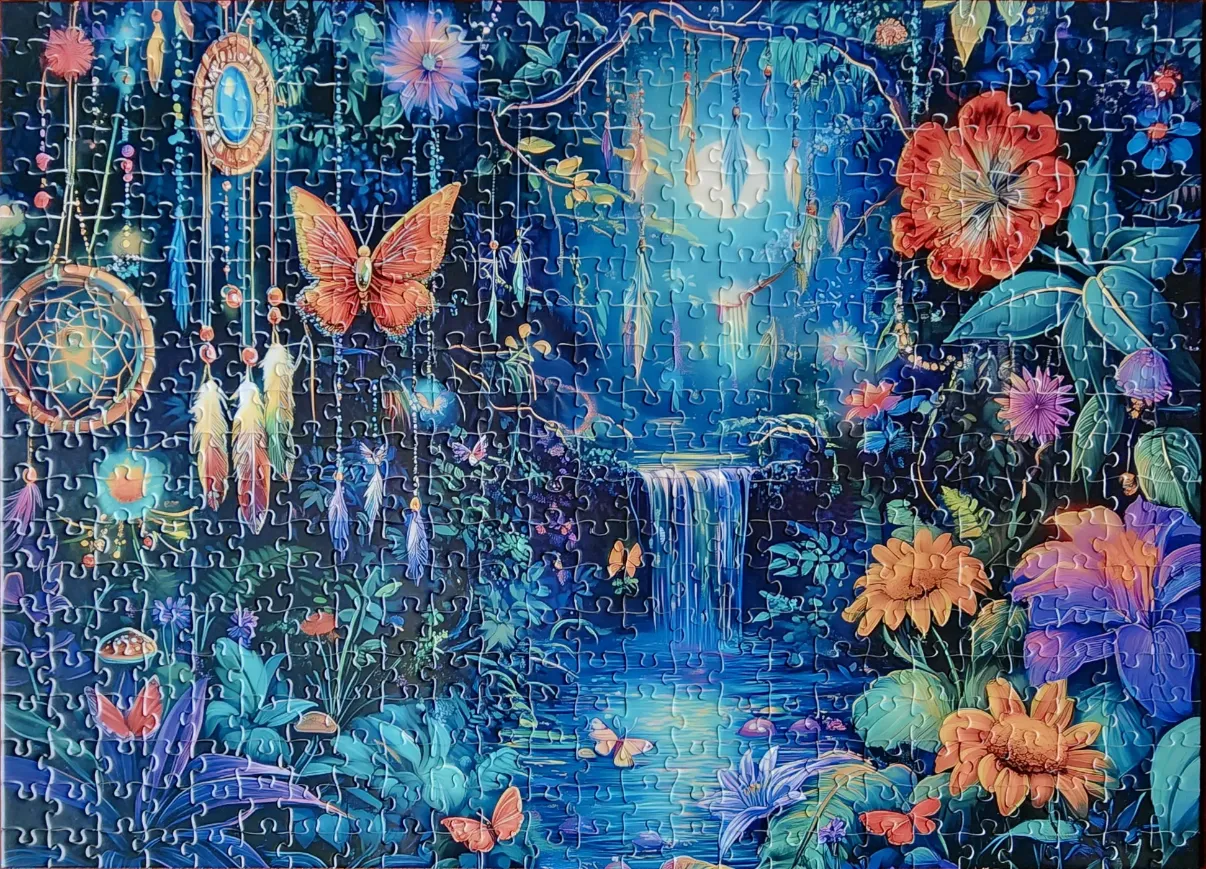 A magical night scene featuring a waterfall, dreamcatchers, and glowing orange butterflies in a blue forest.