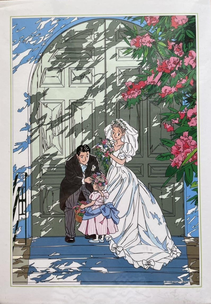 Anime-style illustration of a bride, groom, and flower girl standing before a large arched door.