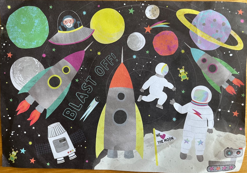 A whimsical space scene featuring rockets, astronauts, planets, and a monkey in a flying saucer against a dark sky.