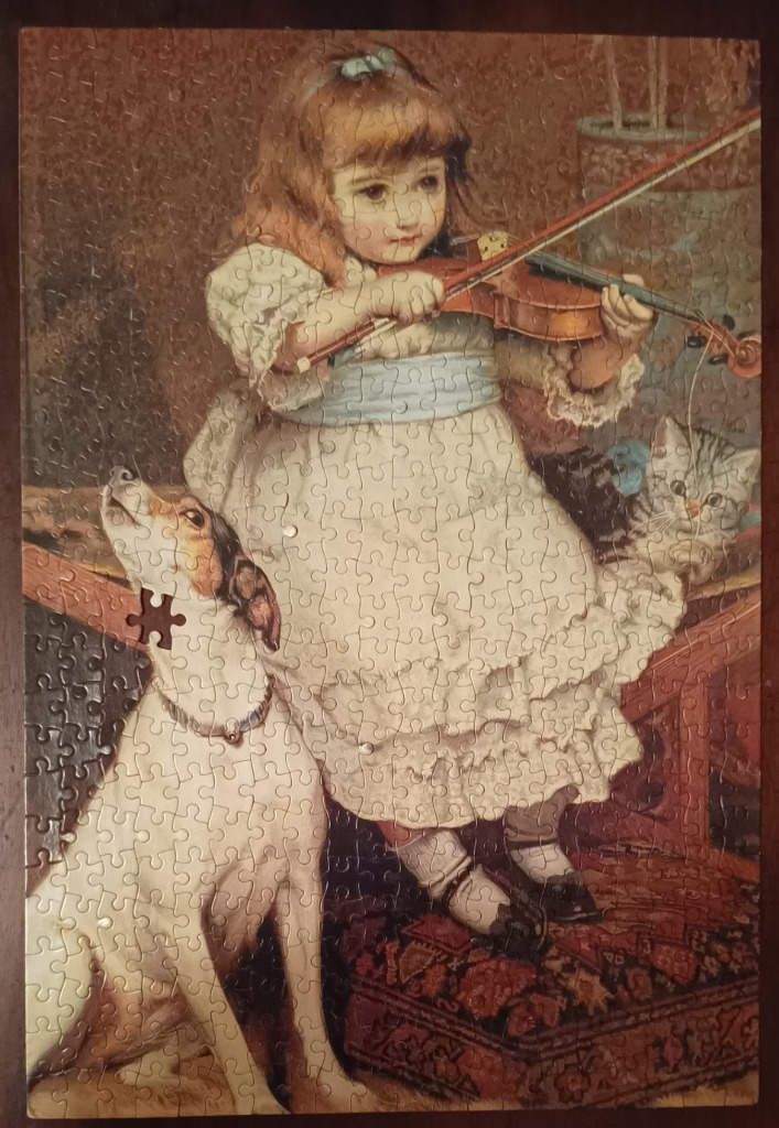A vintage-style illustration of a young girl playing a violin, accompanied by a dog and a kitten.