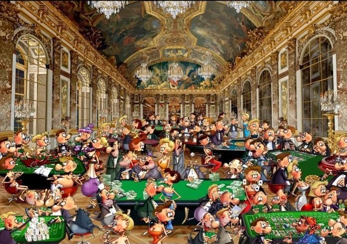 A whimsical illustration of a crowded, opulent casino with caricatured guests playing various gambling games.