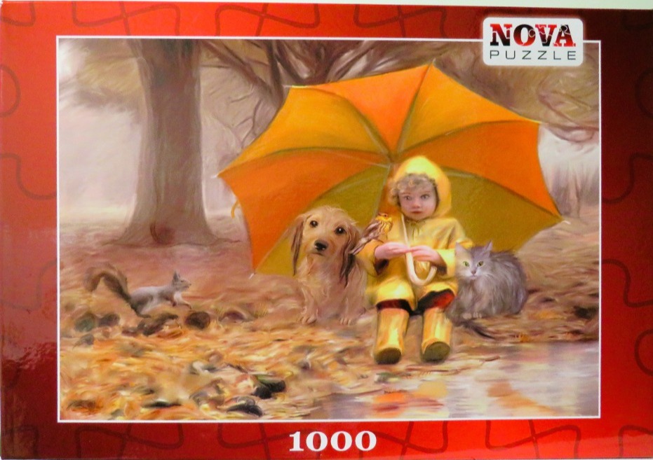 A young child in a yellow raincoat sits with a dog, cat, and bird under a large yellow umbrella in autumn.
