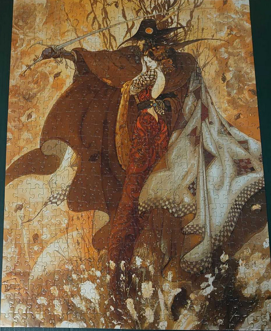 A fantasy illustration of a woman in an ornate dress held by a cloaked, wide-brimmed hat-wearing figure.
