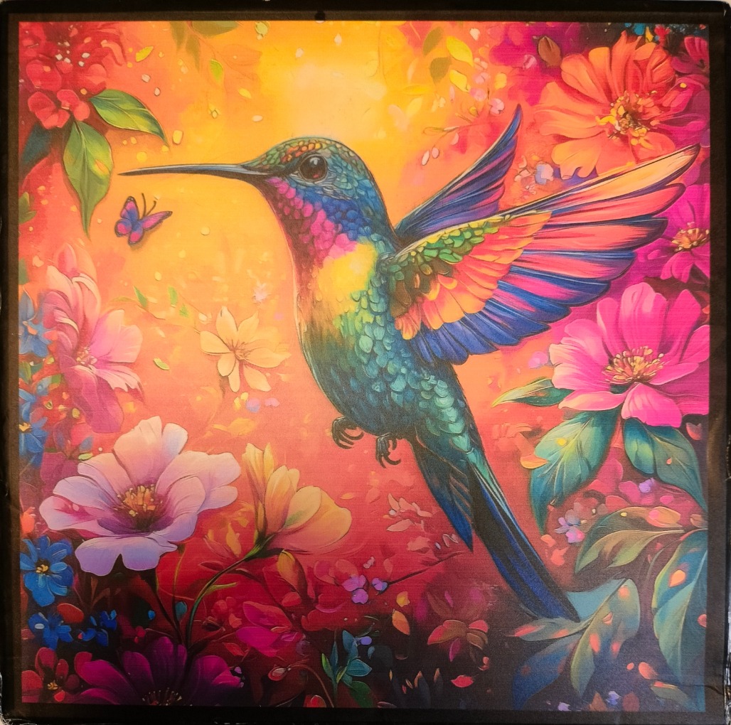 A vibrant, colorful hummingbird hovering amidst a garden of glowing, stylized flowers.