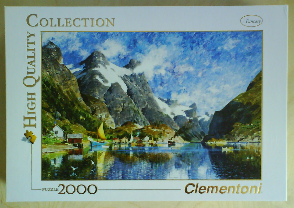 Impressionist oil painting of a Norwegian fjord with snow-capped mountains, small coastal houses, and calm blue water.