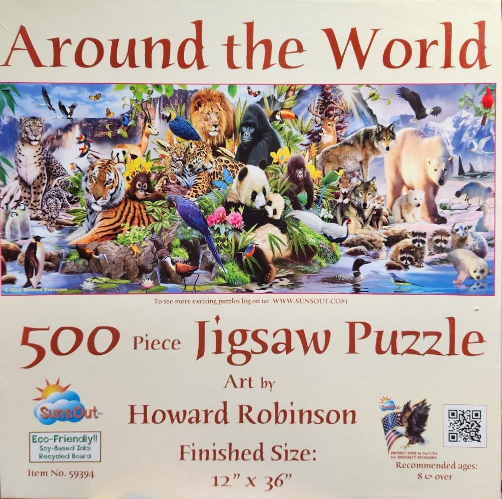 A panoramic illustration of diverse wild animals from various habitats gathered in a lush, natural landscape.