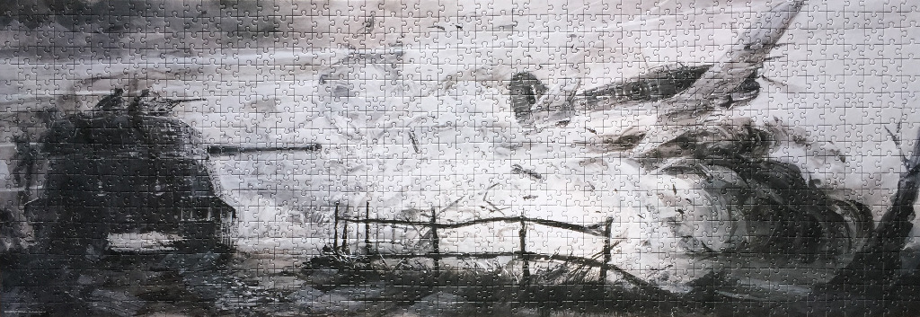 Black and white wartime illustration of a tank engaging a low-flying aircraft in a field.