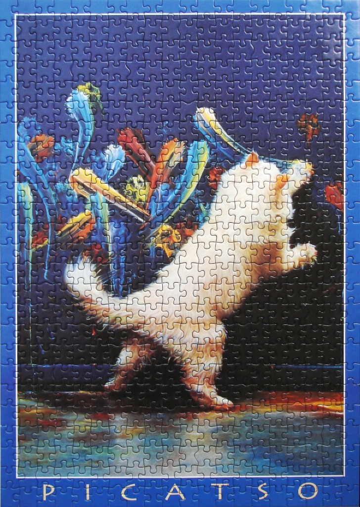 A white fluffy cat jumping in front of a colorful, abstract paint-splattered background.