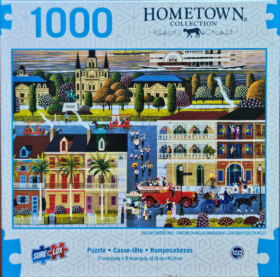A vibrant folk-art painting of a bustling New Orleans street scene featuring a steamboat, a jazz band, and carriages.