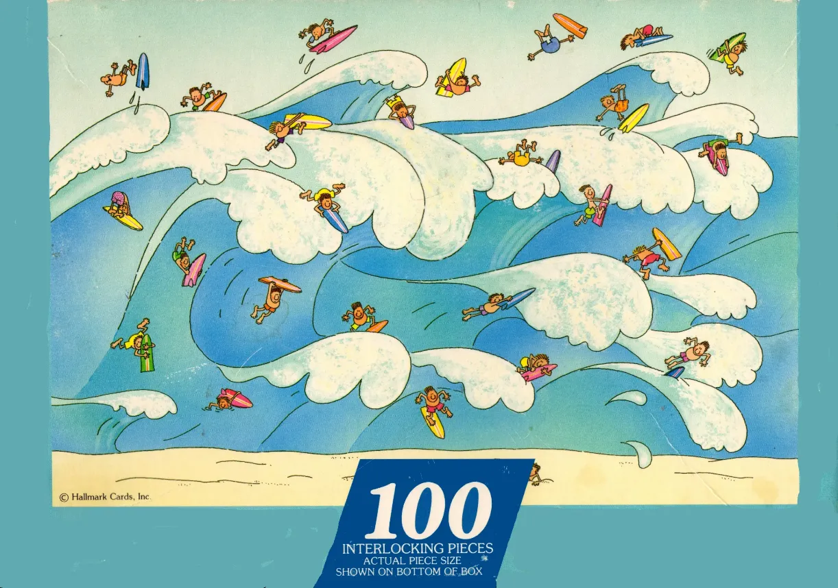 Cartoon illustration of many stick-figure surfers riding large ocean waves.