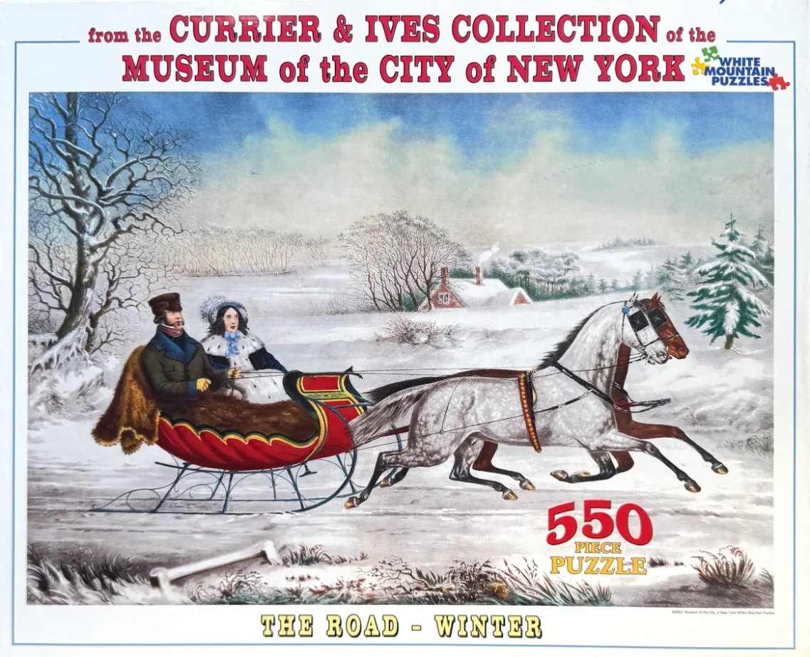 Vintage print of a couple riding in a horse-drawn sleigh through a snowy winter landscape.