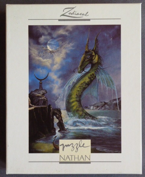 A fantasy painting of a green, serpentine sea dragon rising from dark ocean waters under a moonlit night sky.