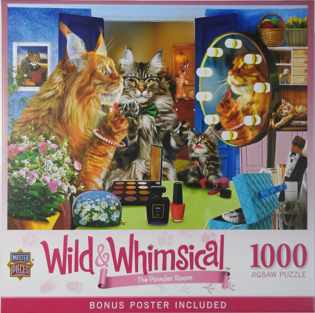 Whimsical illustration of several Maine Coon cats getting ready for an event in a vanity room.