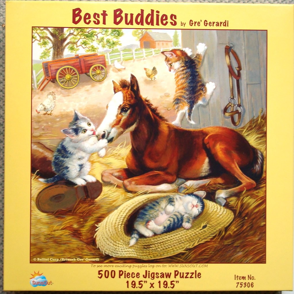Illustration of a brown horse relaxing in a barn with three playful kittens in the straw.