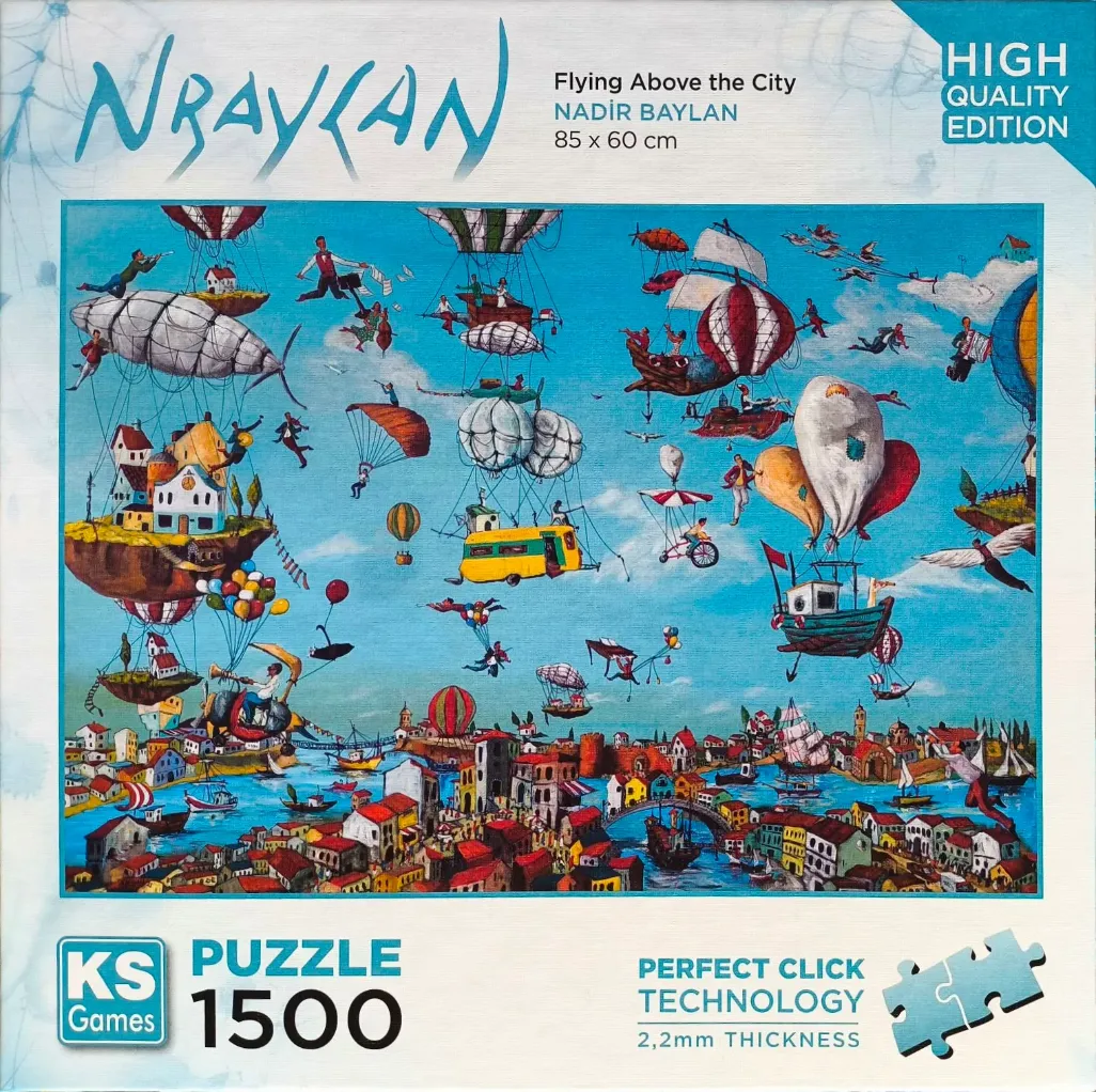Whimsical painting of a city with floating buildings, boats, and figures suspended by colorful hot air balloons.