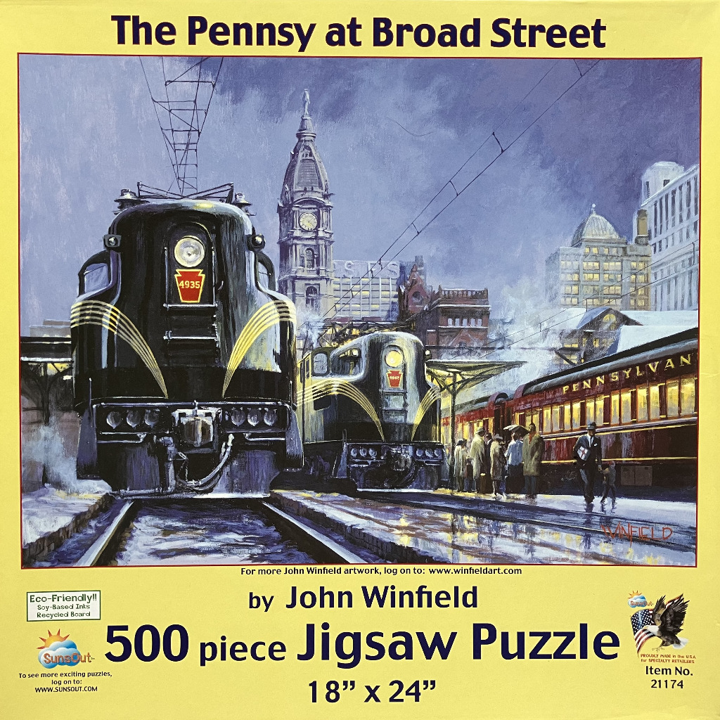 An oil painting of two black electric locomotives at a train station in Philadelphia under a dark, snowy sky.