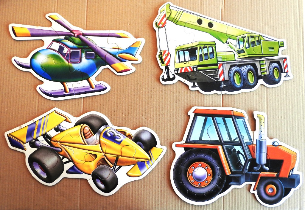 Illustration of four construction and transport vehicles: a helicopter, crane truck, race car, and tractor.