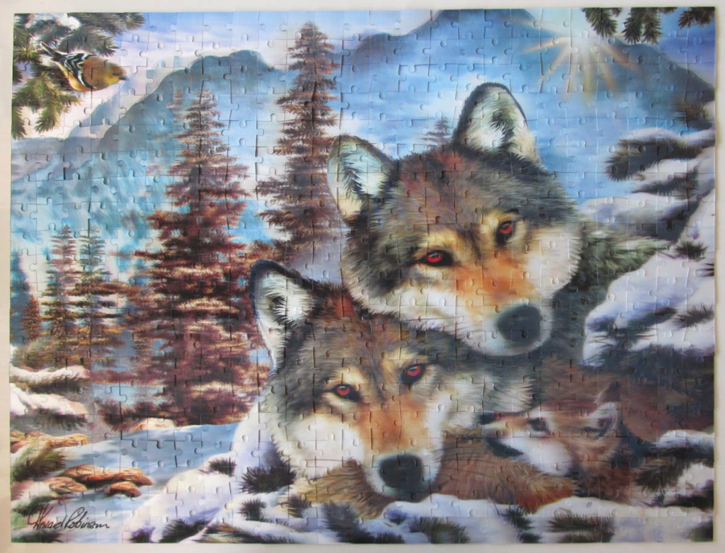 A digital painting of a wolf family in a winter mountain landscape with a small bird in the upper left corner.