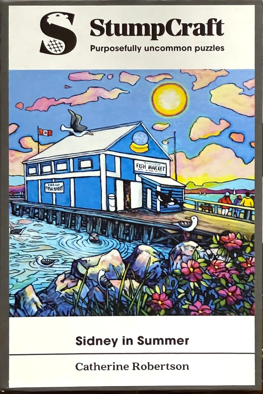 Artistic illustration of a blue fish market on a pier by the sea in Sidney