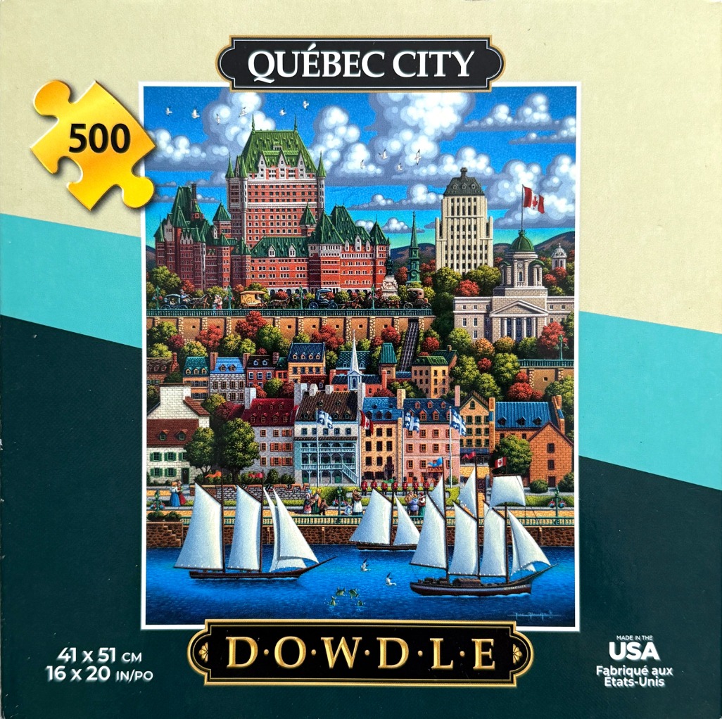 Folk art style illustration of Quebec City featuring the Chateau Frontenac, historic buildings, and sailboats.