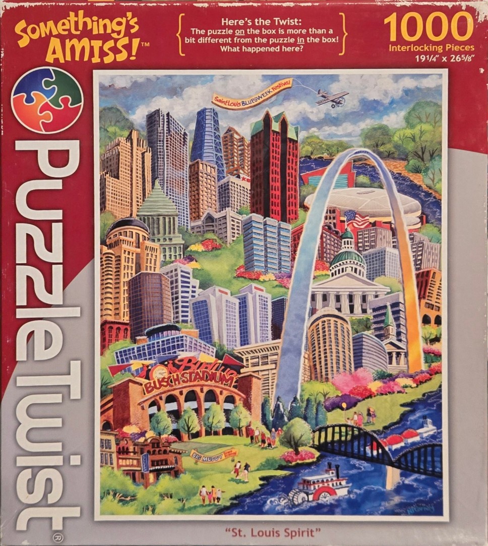 An oil painting illustration of the St. Louis skyline featuring the Gateway Arch, stadium, and riverboat.