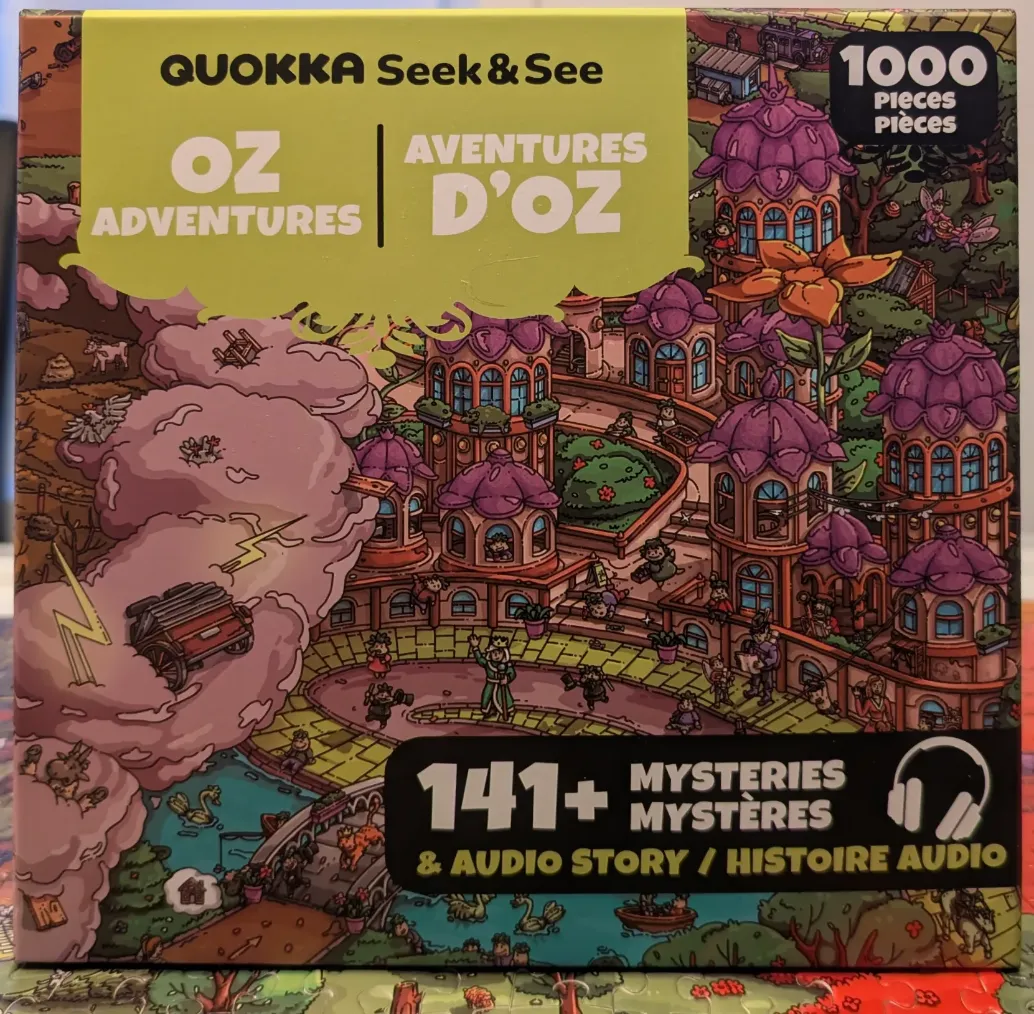 Whimsical illustration of a fantastical palace in the Land of Oz with characters and swirling clouds.