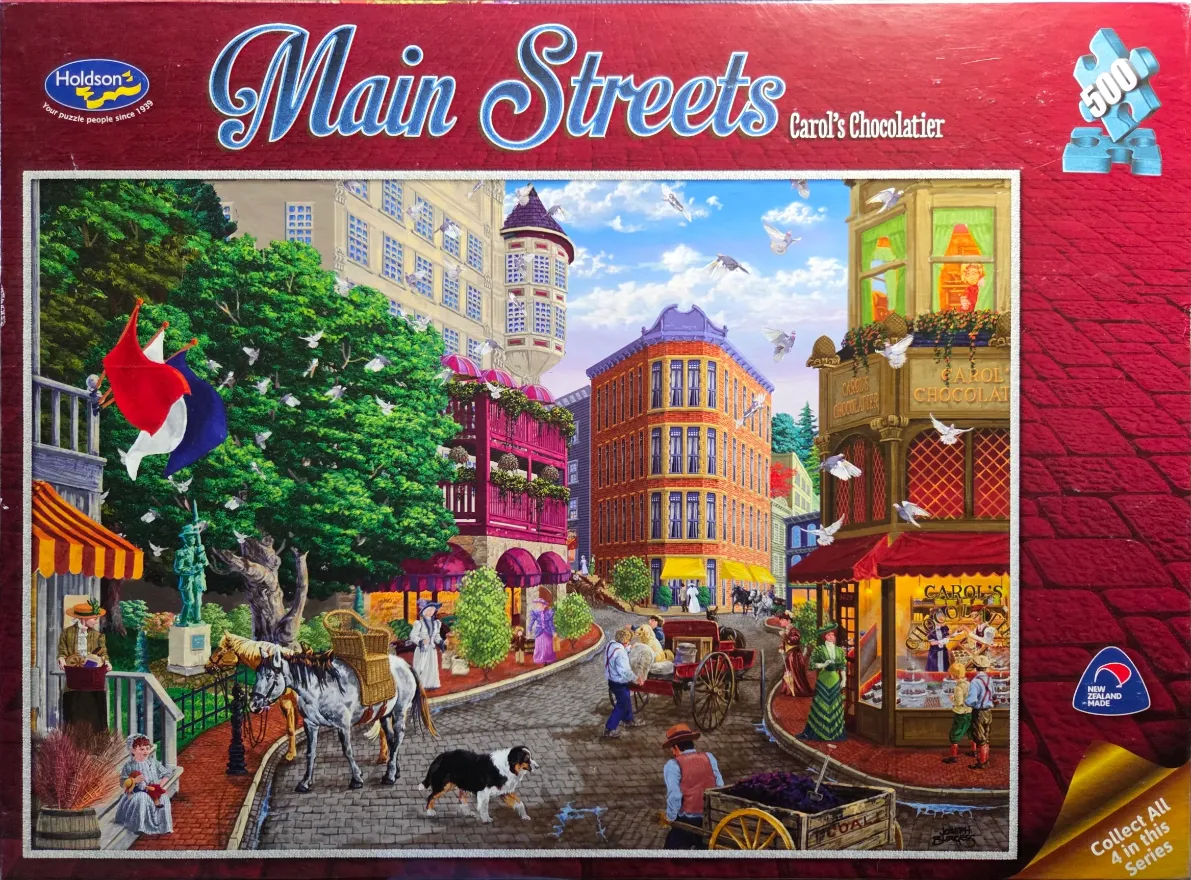 A nostalgic street scene featuring Carol's Chocolatier with horse-drawn carts, pedestrians, and white doves.